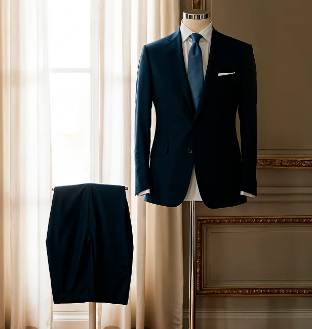 Navy suit displayed on a mannequin stands beside matching trousers