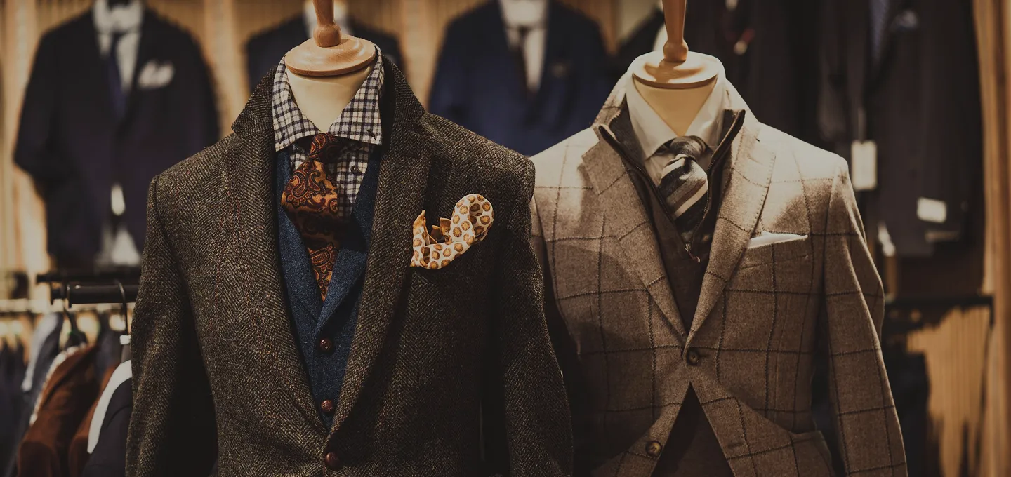 Mannequins displaying tweed and plaid suits with ties